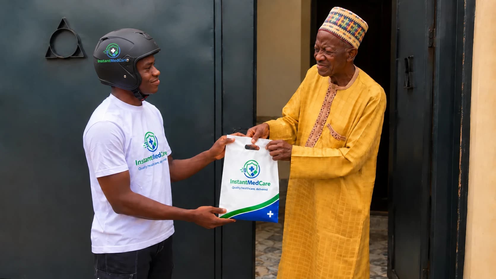 A man handing a bag to an older man